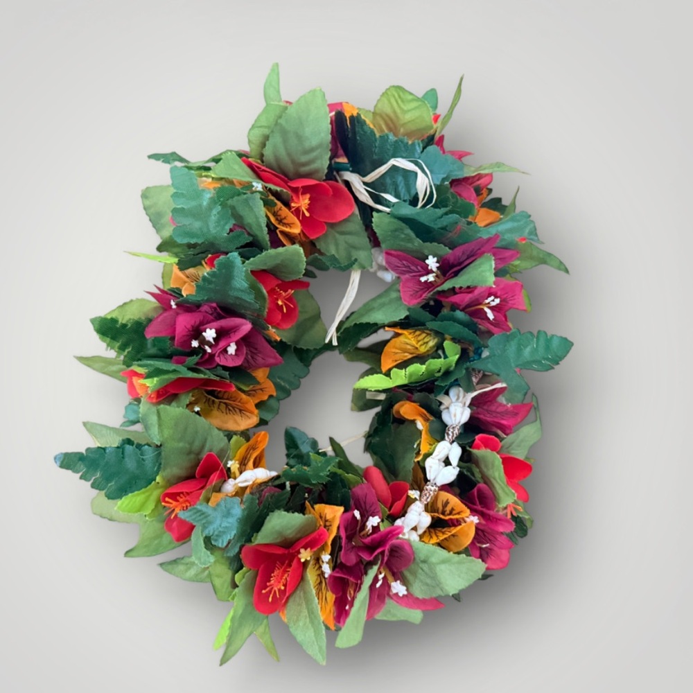 Hand Crafted Multicolor Floral Lei Necklace - Green, Red, Pink, Orange, Yellow